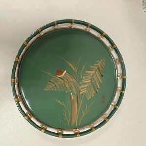 Vintage green lacquer mother of pearl hand painted round tray mid century 12"